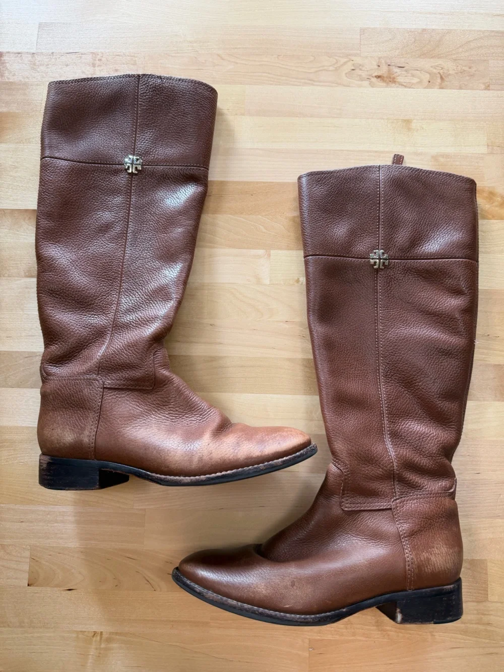 Tory Burch Brown Pebbled Leather Tall Riding Boots Gold Logo 8.5
